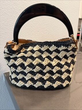 Woven Black & Cream Ladies Handbag with Top Handle